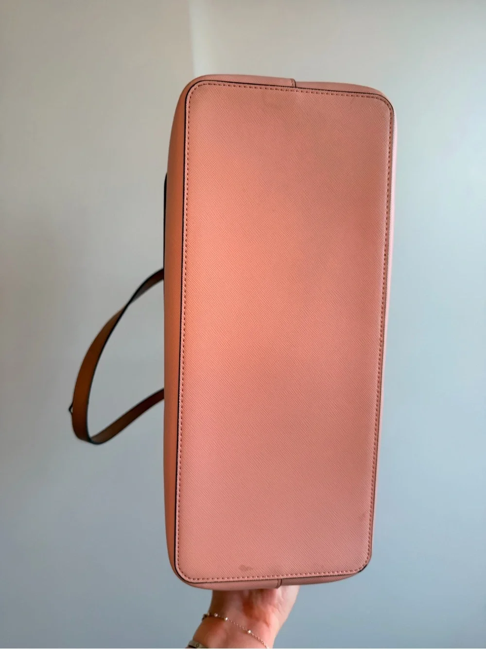 kate spade Pink Tote with Tan Straps and White Pouch